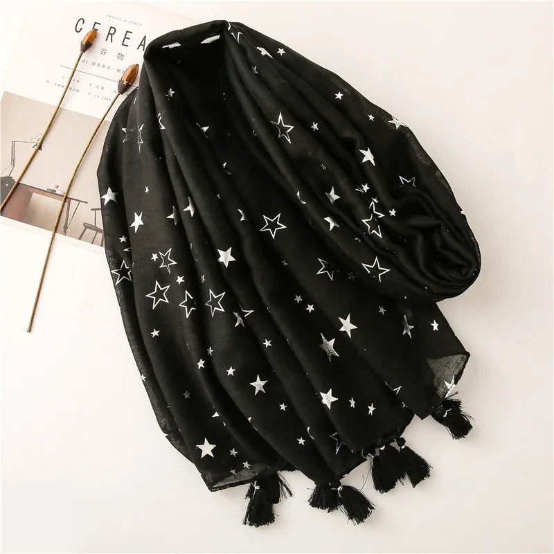 Fashion Iron Silver Star Tassel Viscose Shawl Scarf Women