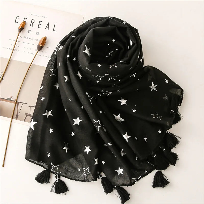 Fashion Iron Silver Star Tassel Viscose Shawl Scarf Women