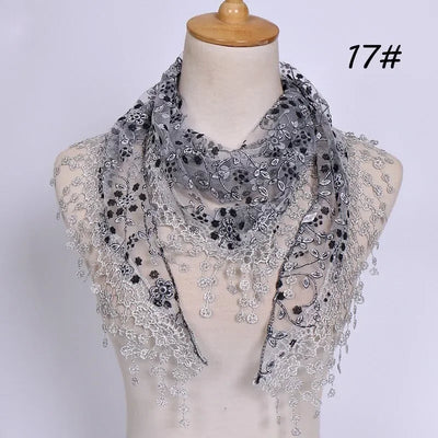 Women Embroidered Lace Tassel Scarf Triangle Fringe Solid Color Shawls