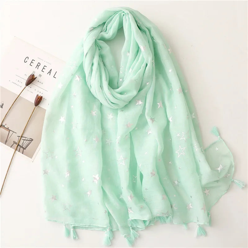 Fashion Iron Silver Star Tassel Viscose Shawl Scarf Women