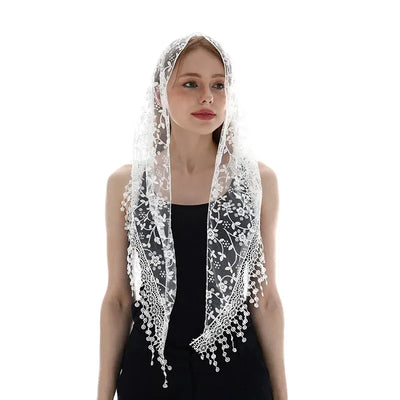 Women Embroidered Lace Tassel Scarf Triangle Fringe Solid Color Shawls