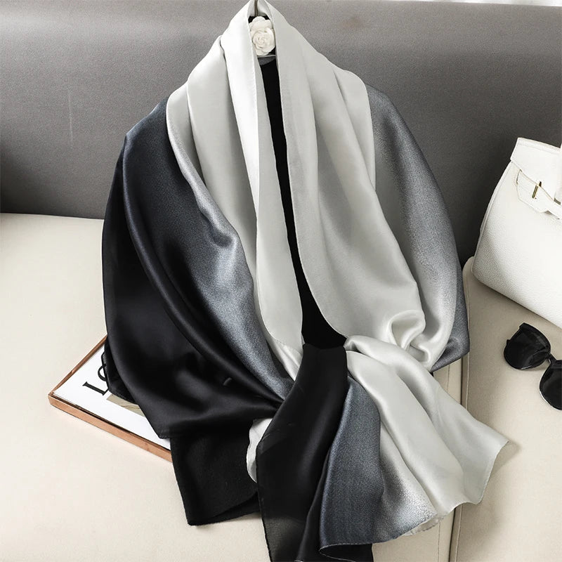 Luxury Gradient Silk Scarf Women Brand Solid Femme Shawls Wraps Bandana