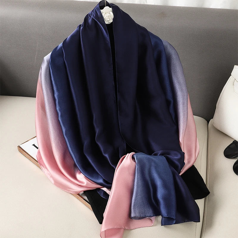 Luxury Gradient Silk Scarf Women Brand Solid Femme Shawls Wraps Bandana