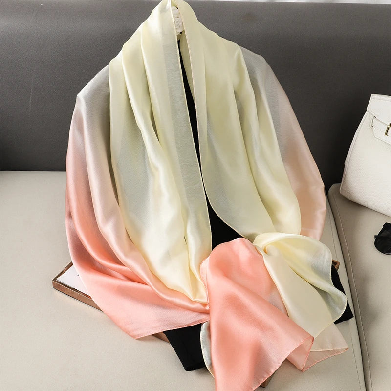 Luxury Gradient Silk Scarf Women Brand Solid Femme Shawls Wraps Bandana