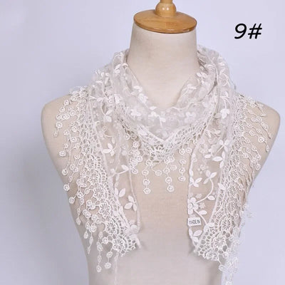 Women Embroidered Lace Tassel Scarf Triangle Fringe Solid Color Shawls