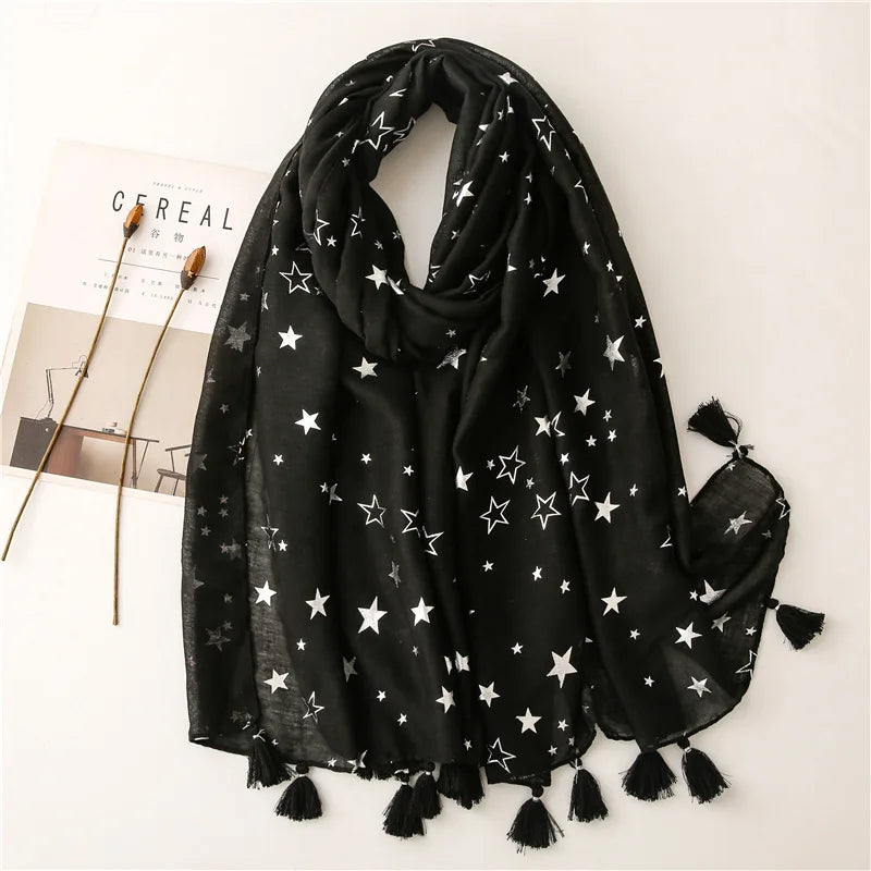 Fashion Iron Silver Star Tassel Viscose Shawl Scarf Women