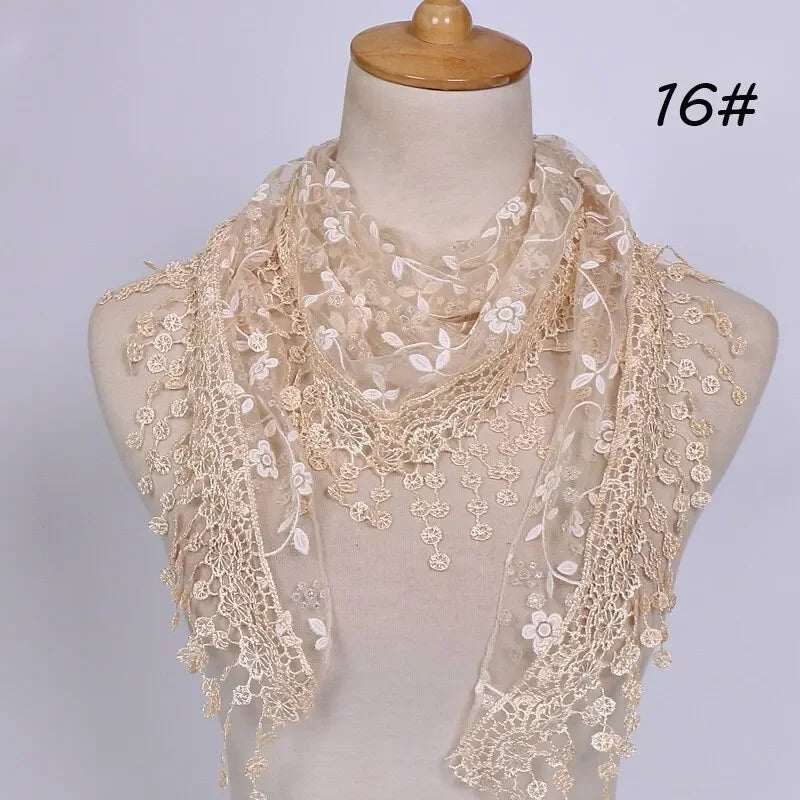 Women Embroidered Lace Tassel Scarf Triangle Fringe Solid Color Shawls