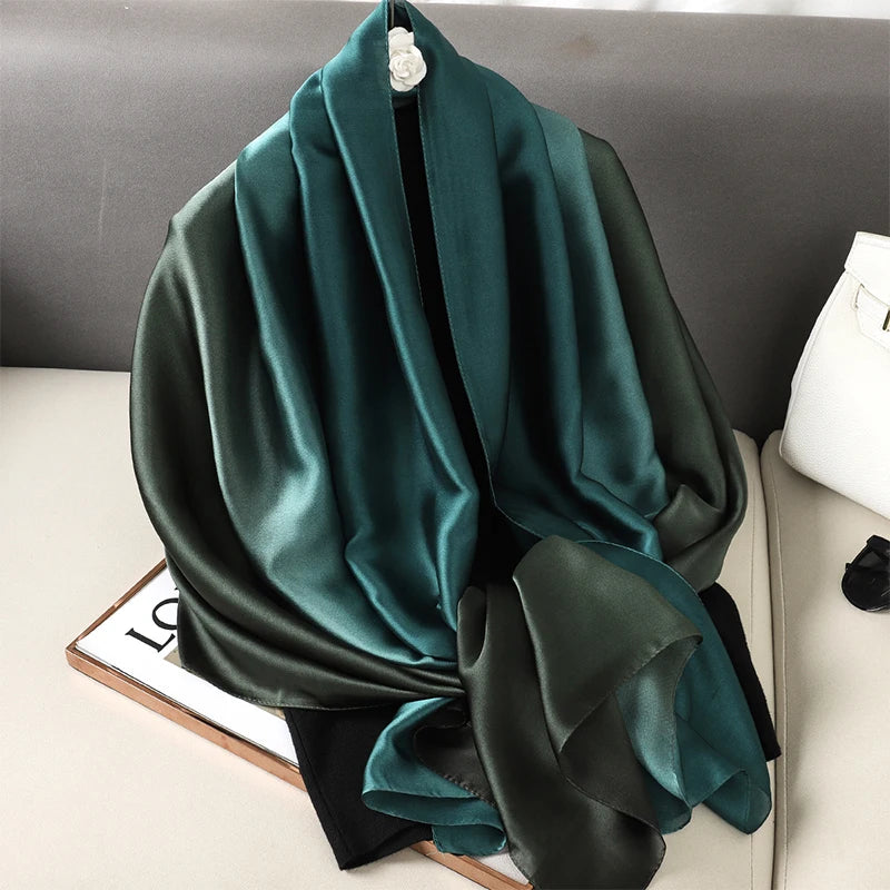 Luxury Gradient Silk Scarf Women Brand Solid Femme Shawls Wraps Bandana