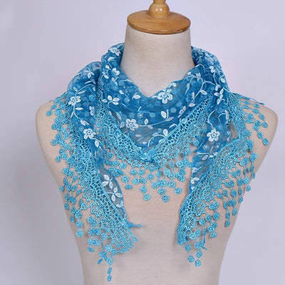 Women Embroidered Lace Tassel Scarf Triangle Fringe Solid Color Shawls