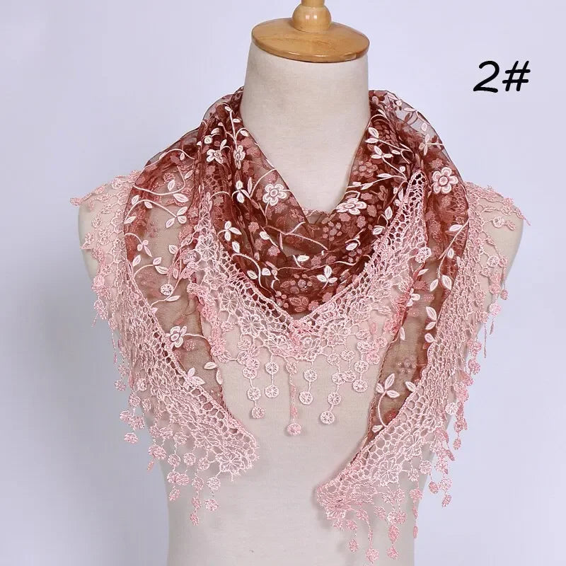 Women Embroidered Lace Tassel Scarf Triangle Fringe Solid Color Shawls