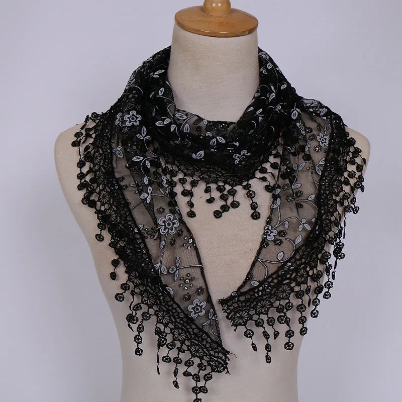 Women Embroidered Lace Tassel Scarf Triangle Fringe Solid Color Shawls