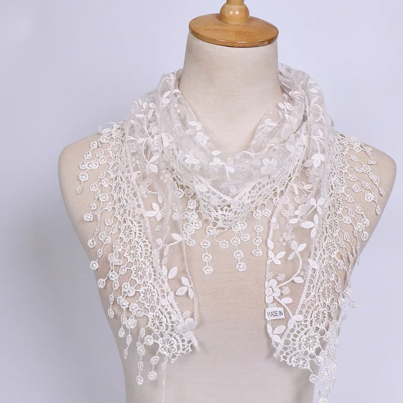 Women Embroidered Lace Tassel Scarf Triangle Fringe Solid Color Shawls