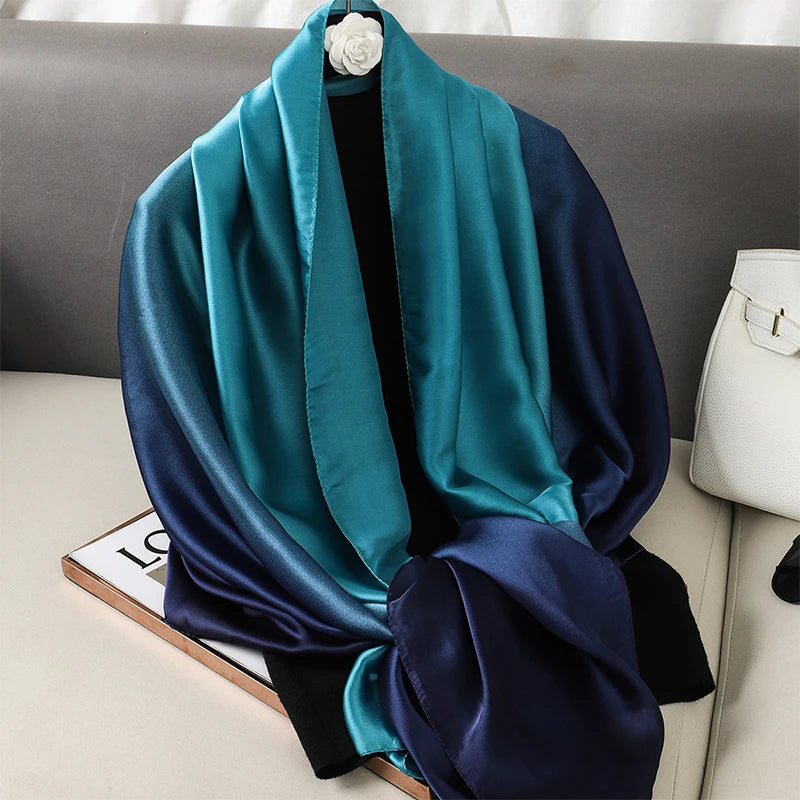 Luxury Gradient Silk Scarf Women Brand Solid Femme Shawls Wraps Bandana