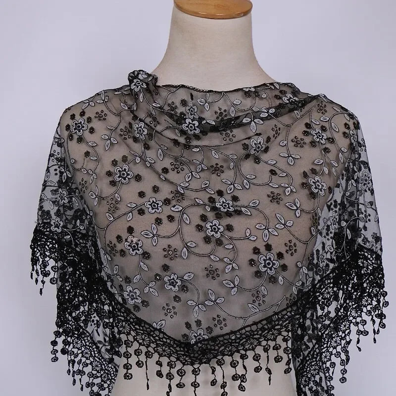 Women Embroidered Lace Tassel Scarf Triangle Fringe Solid Color Shawls